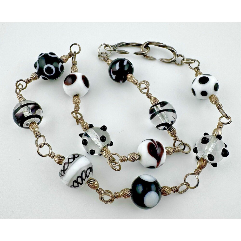 Artisan Sterling Silver Lampwork Glass Bead Necklace Black White OOAK 15 In
